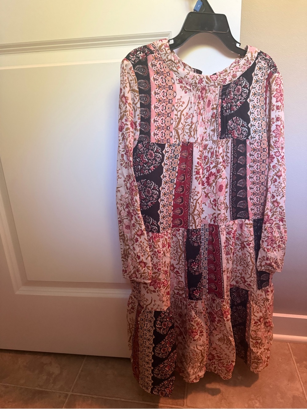 Zara Girls Pink, Black and Cream Patchwork Boho Dress